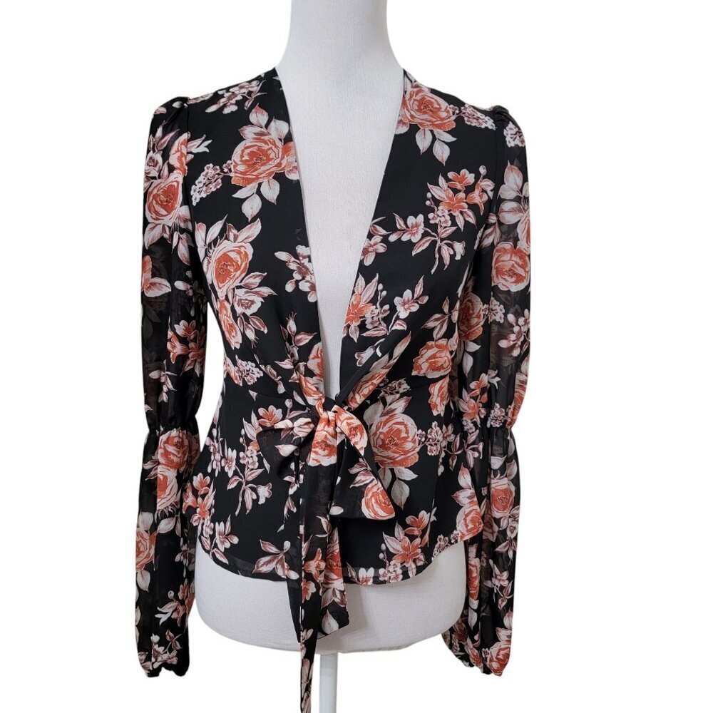 JustFab Size XS Black with Muted Floral Pattern Long Sleeve Tie Front Blouse